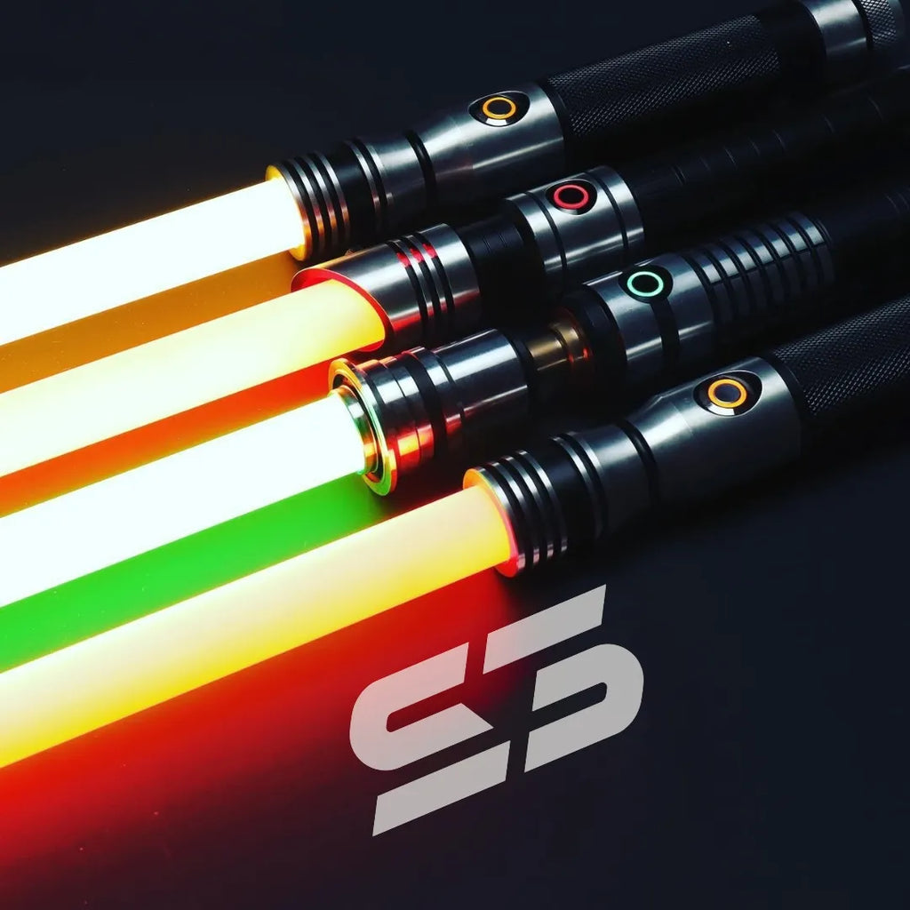 Four Star Wars-inspired custom silver neopixel lightsabers lying side by side