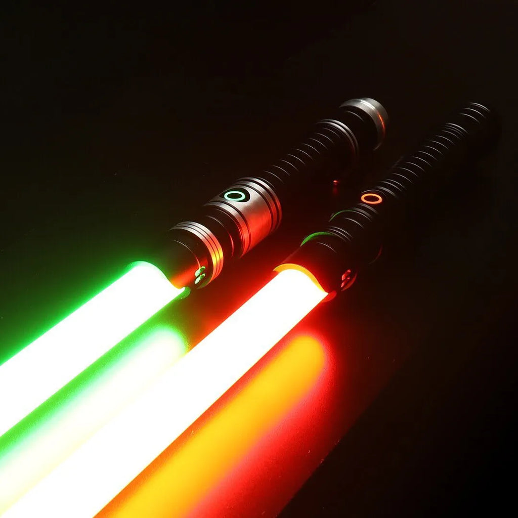 Two Rahm Kota-inspired custom neopixel lightsabers lying side-by-side