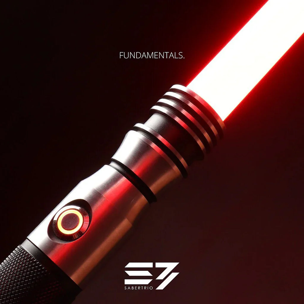 Close-Up of Clone Wars-inspired neopixel lightsaber hilt with a red blade and illuminated switch
