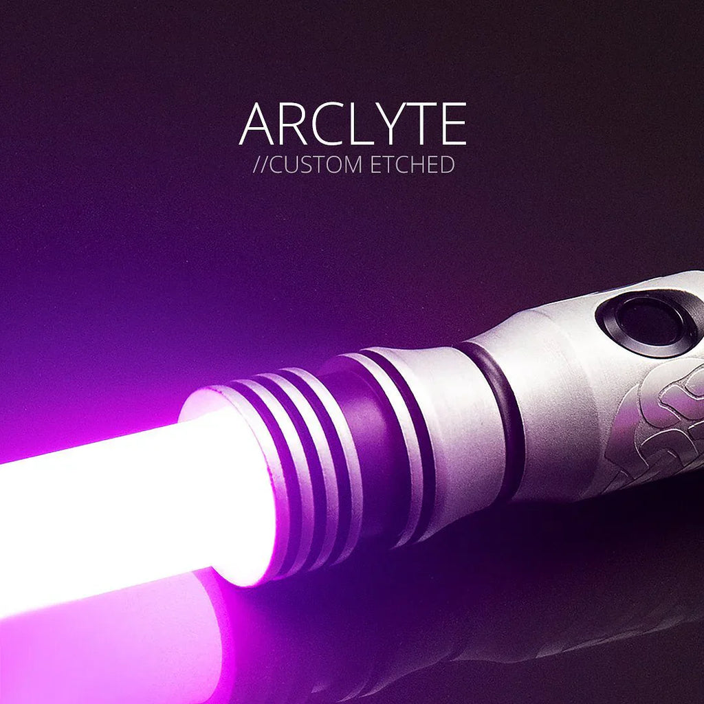 A custom Viking-style etchings neopixel lightsaber with purple blade