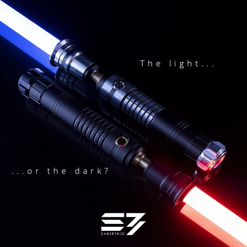 Dark Side and Light Side custom neopixel lightsabers lying side-by-side