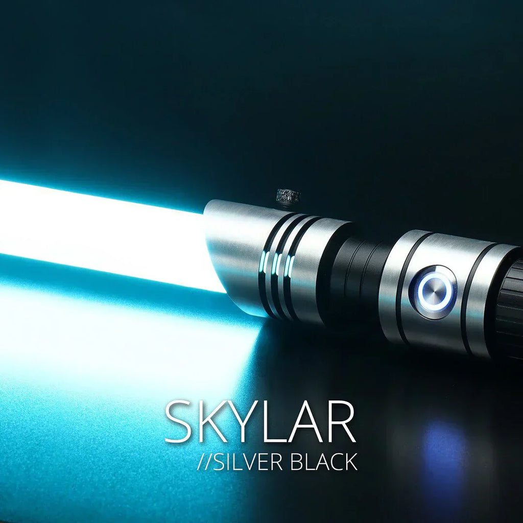 Darth Vader-inspired silver lightsaber with a cyan blade