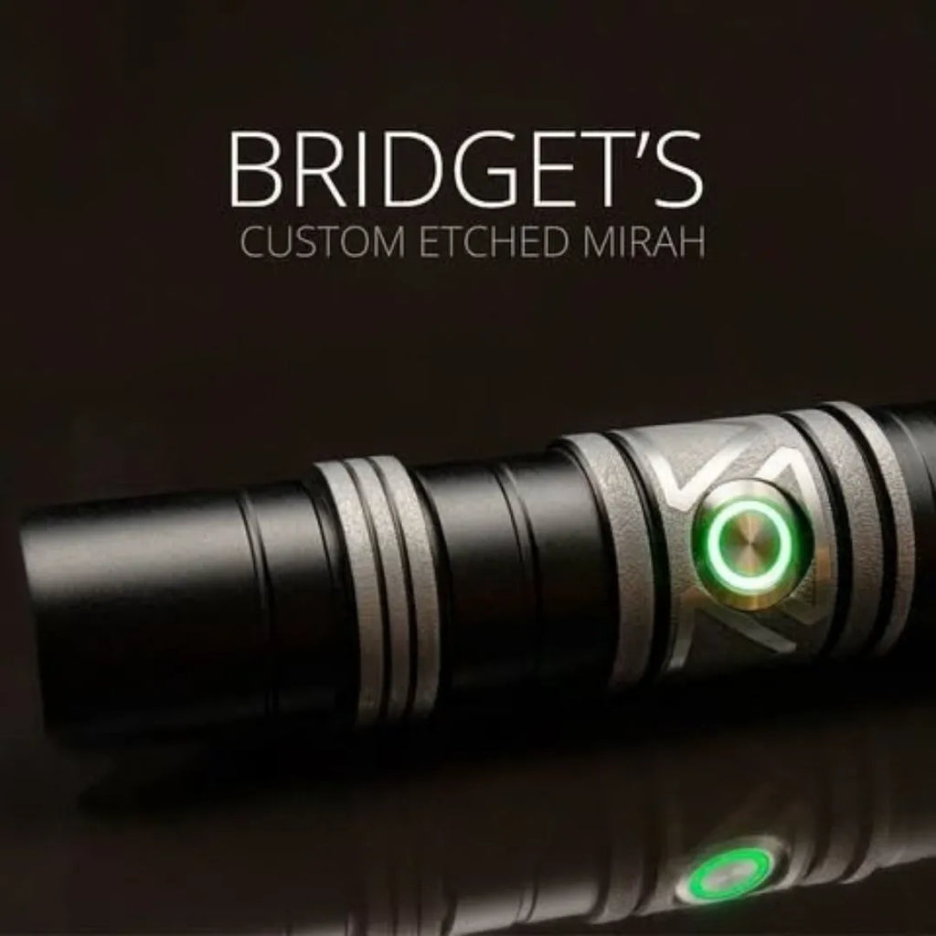 A close-up of Rahm Kota inspired custom lightsaber hilt featuring green activation switch