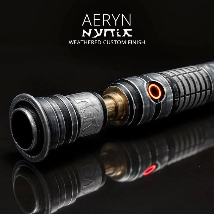 Close-up of a custom weathered lightsaber hilt with a thin neck and a glowing red switch