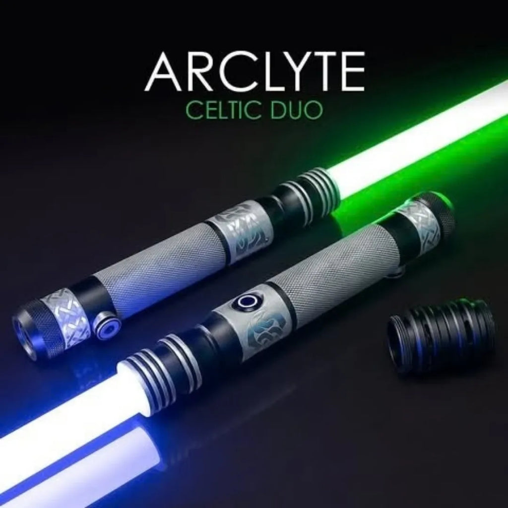Celtic knot etched Clone Wars-inspired custom neopixel lightsaber saberstaff with blue and green blades