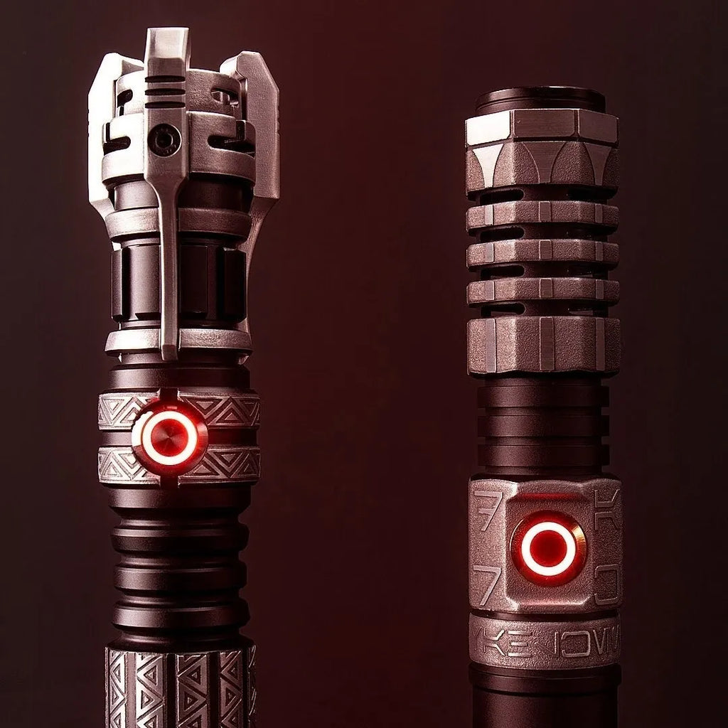 Pair of acid-etched Sith and Star Wars-inspired custom neopixel lightsabers with red accents representing the Dark Side