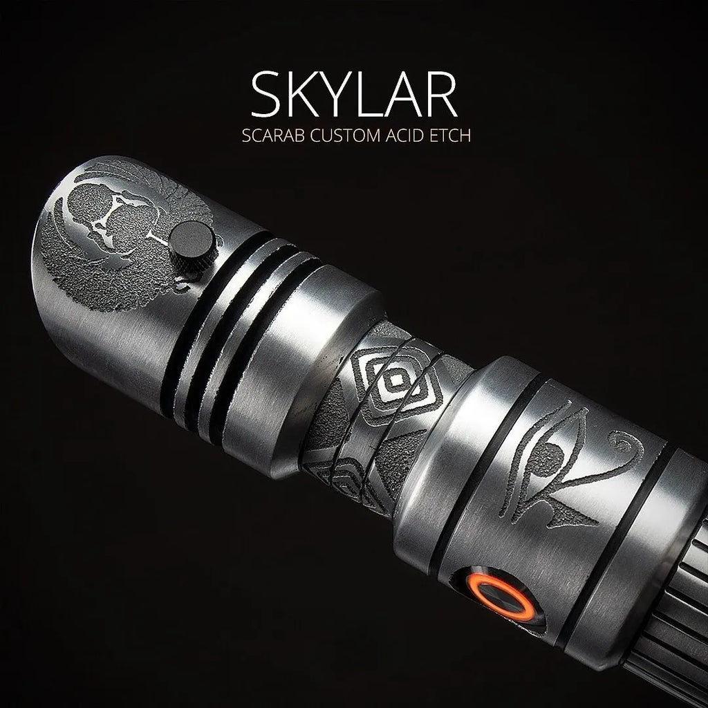 Close up of acid-etched custom neopixel lightsaber featuring Ancient Egyptian hieroglyphics that resemble a relic from a lost civilization