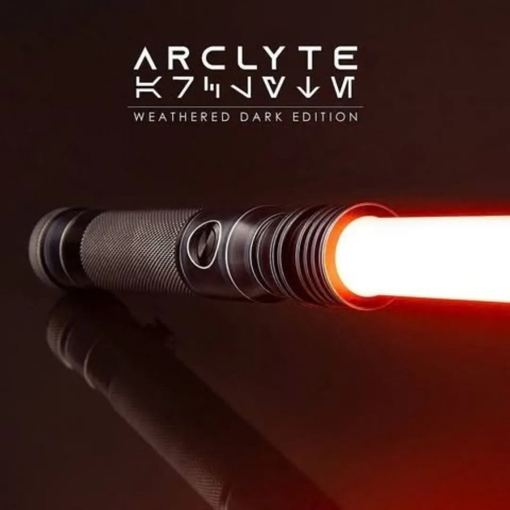 Clone Wars-inspired custom neopixel lightsaber features a weathered dark finish with a textured grip, illuminated by a blood orange blade