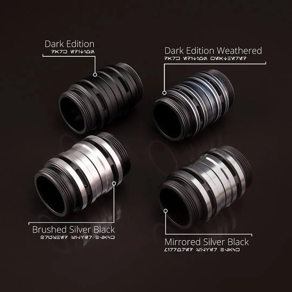 Four different finishes of the Lightsaber coupler for custom neopixel saberstaffs arranged in a grid