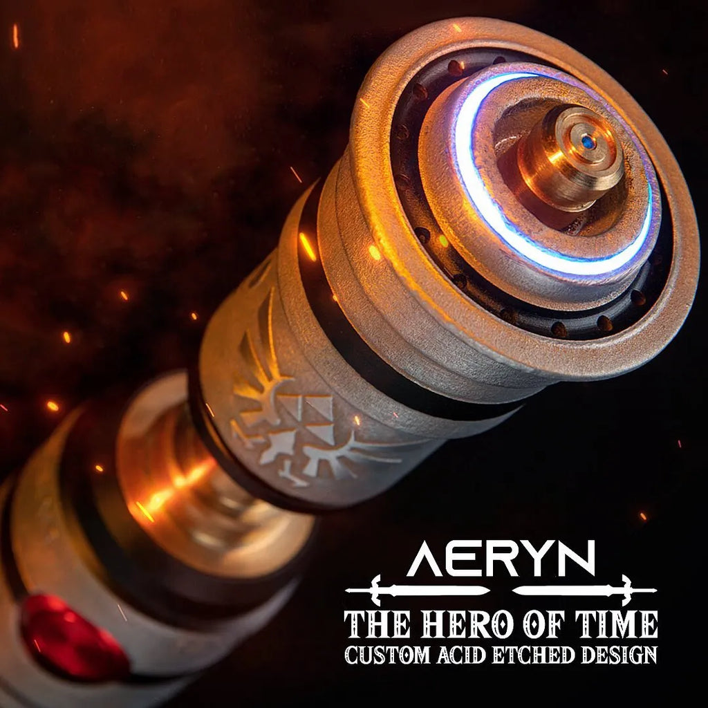 Close-up of the emitter of a Luke Skywalker-inspired custom acid-etched neopixel lightsaber with Hylian Crest and Triforce from The Legend of Zelda