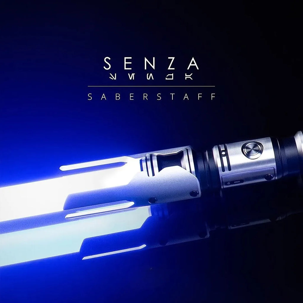 Two Cal Kestis-inspired custom neopixel lightsabers equipped with Emitter shrouds and blue blades