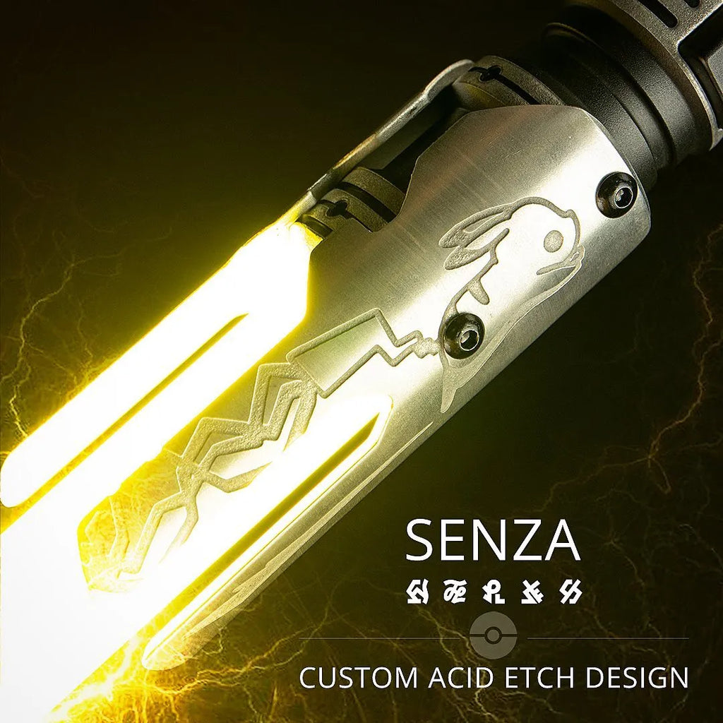 A Cal Kestis-inspired custom acid-etched neopixel lightsaber features a Pikachu with lightning bolt trails and bright yellow blade