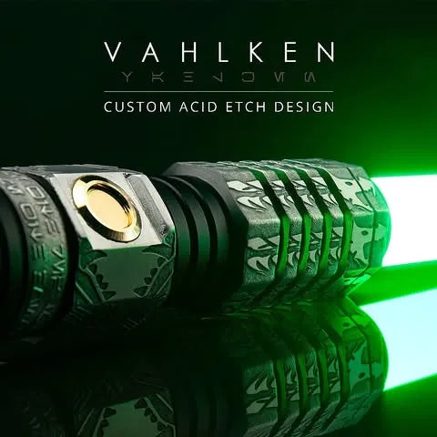 Close-up of Star Wars-inspired custom acid-etched neopixel lightsaber features serpent scale patterns, Triquetra symbols, and green blade