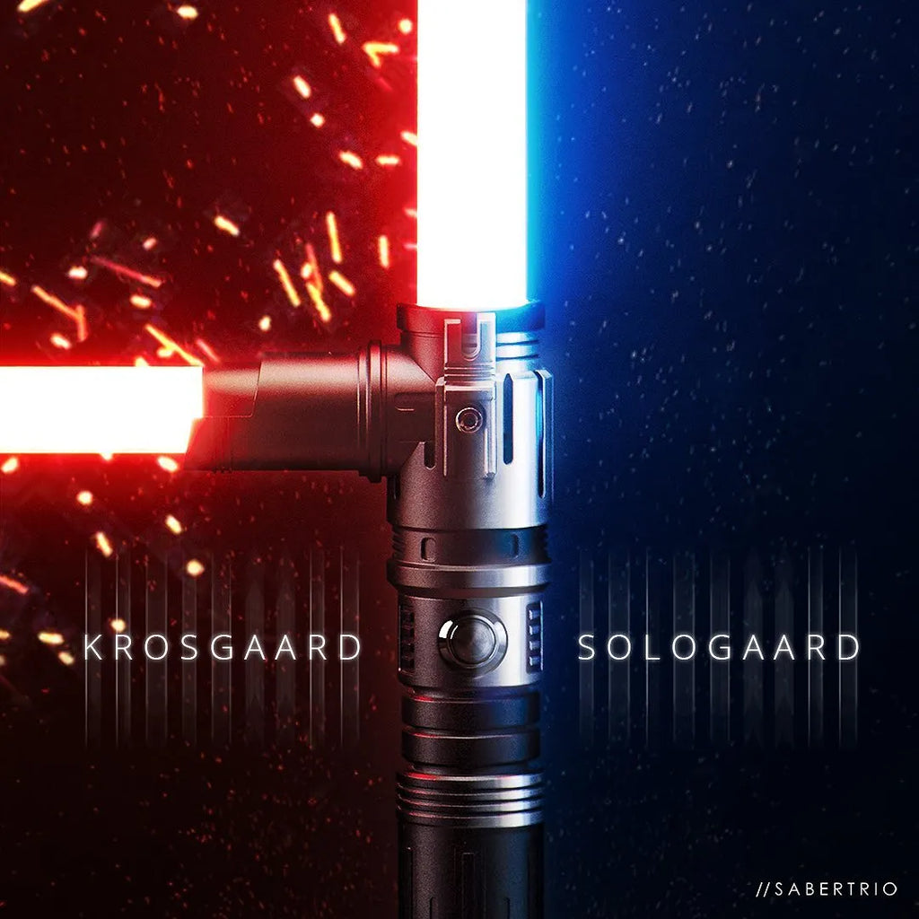 Split-screen graphic showing two lightsabers features Kylo Ren-inspired and Ben Solo-inspired custom neopixel lightsaber with red and blue blade