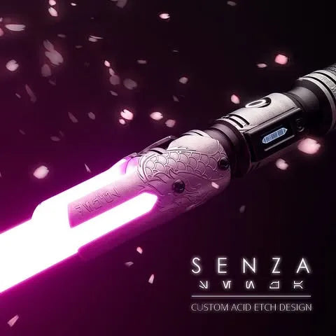 Close-up of a Cal Kestis-inspired custom neopixel lightsaber features acid etching scaled dragon head and cherry blossom motifs with a pink blade