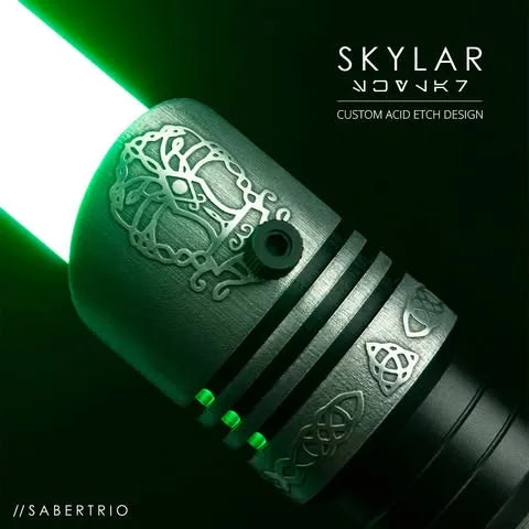 Close-up of the Darth Vader-inspired custom neopixel green lightsaber features the Tree of Life and various Celtic knots (Dara, Sailor's, and Trinity)