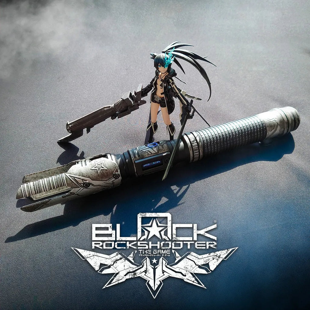 A Cal Kestis-inspired custom neopixel lightsaber features weathered finish, star emblem on the emitter, and A Black Rock Shooter anime figurine