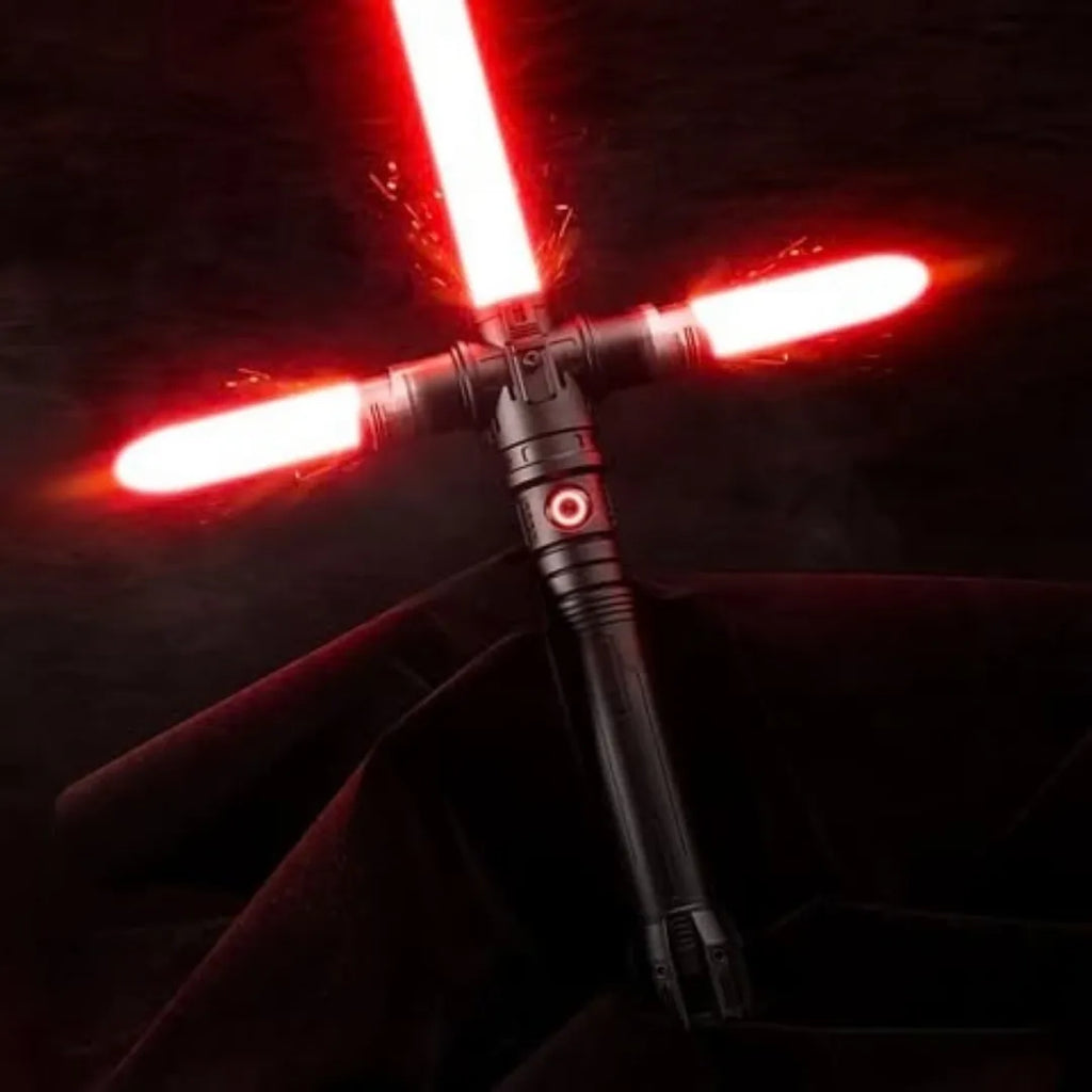 A Kylo Ren-inspired custom neopixel crossguard lightsaber, resting against a dark background. Ignited by three red blades that emit sparks