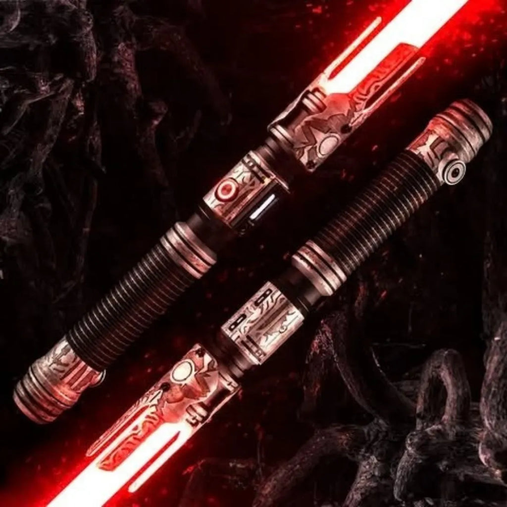 Close-up of a Cal Kestis-inspired custom neopixel lightsaber featuring a weathered finish, Sith runes, tomb of Tulak Hord motifs, with crimson blade