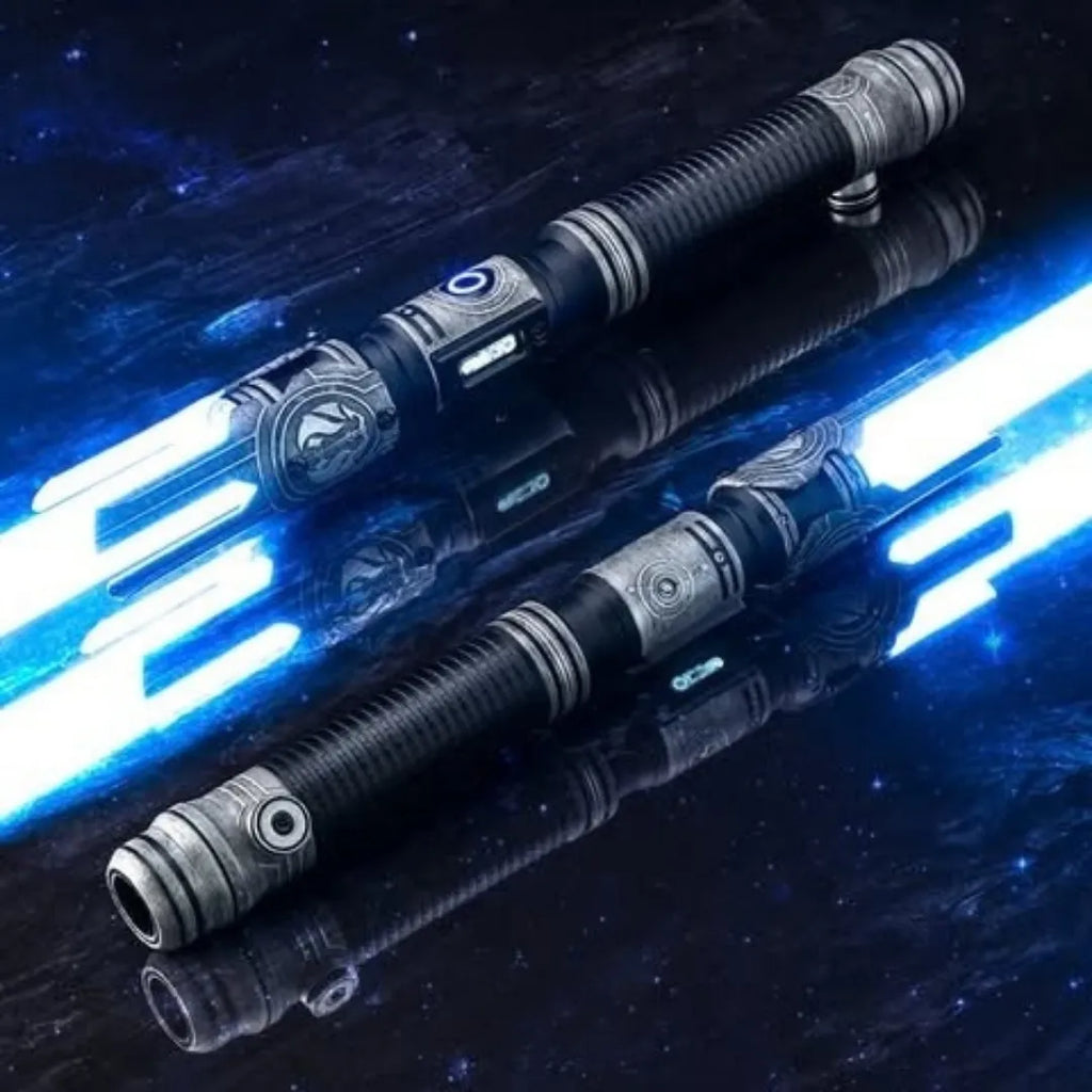 A Cal Kestis-inspired custom neopixel lightsaber, the hilt features weathered finish and acid etching of Jedi Temple on Coruscant with blue blade