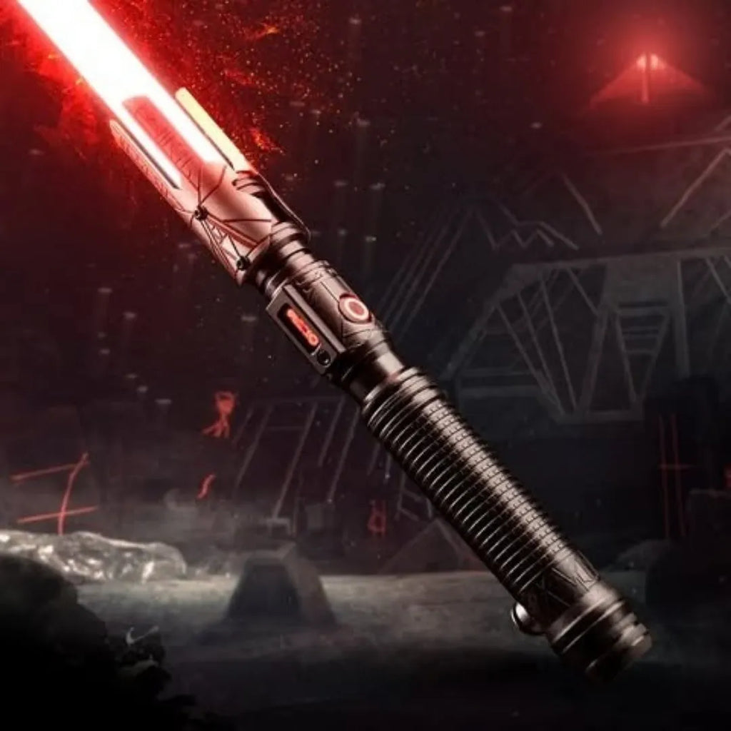 A Cal Kestis custom neopixel lightsaber inspired by the Sith Temple on Malachor features prismatic acid etching with red accents and crimson blade