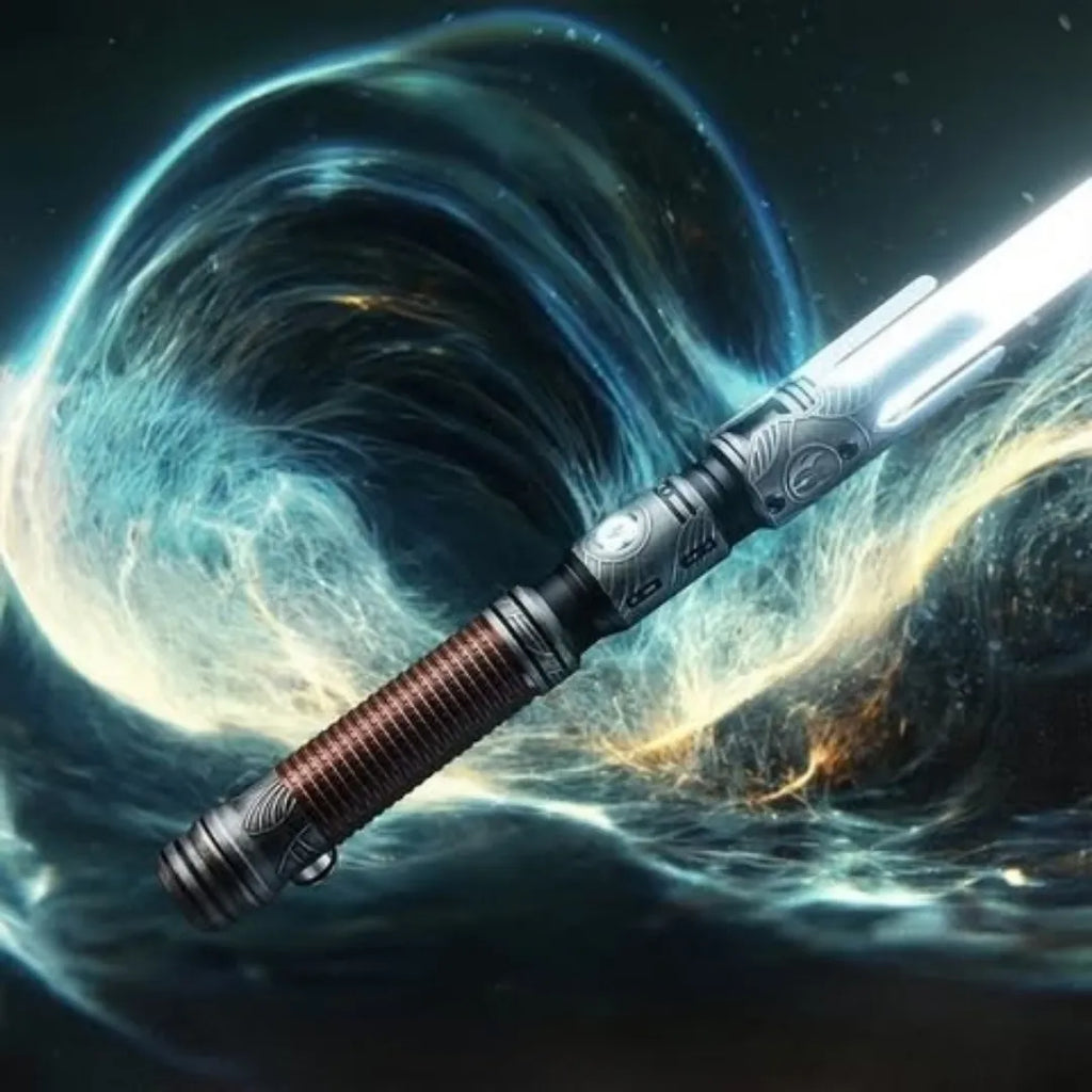 Cal Kestis-inspired custom neopixel lightsaber features a tarnished finish, bronze grip, and a white blade