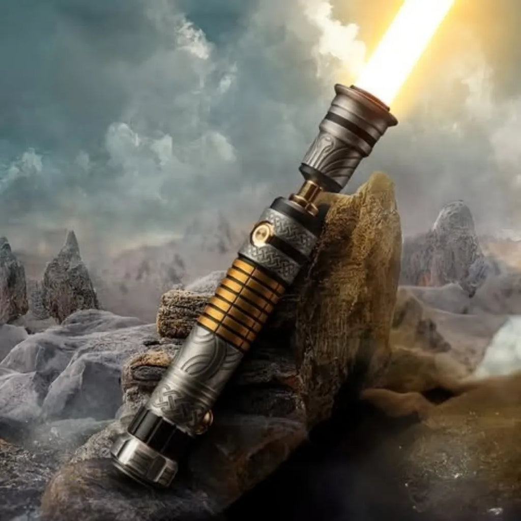 Luke Skywalker-inspired custom neopixel lightsaber features Celtic acid etching, a gold grenade grip, tarnished finish, and amber blade