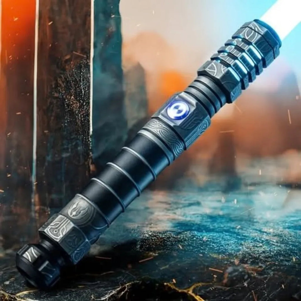 Star Wars-inspired custom neopixel lightsaber. The hilt features tarnished finish, High Republic acid etching, and a blue blade