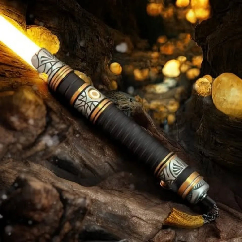 Rahm Kota custom neopixel lightsaber inspired by Starlight Beacon's Jedi temple. The hilt features gold accents, tassel, and yellow blade.