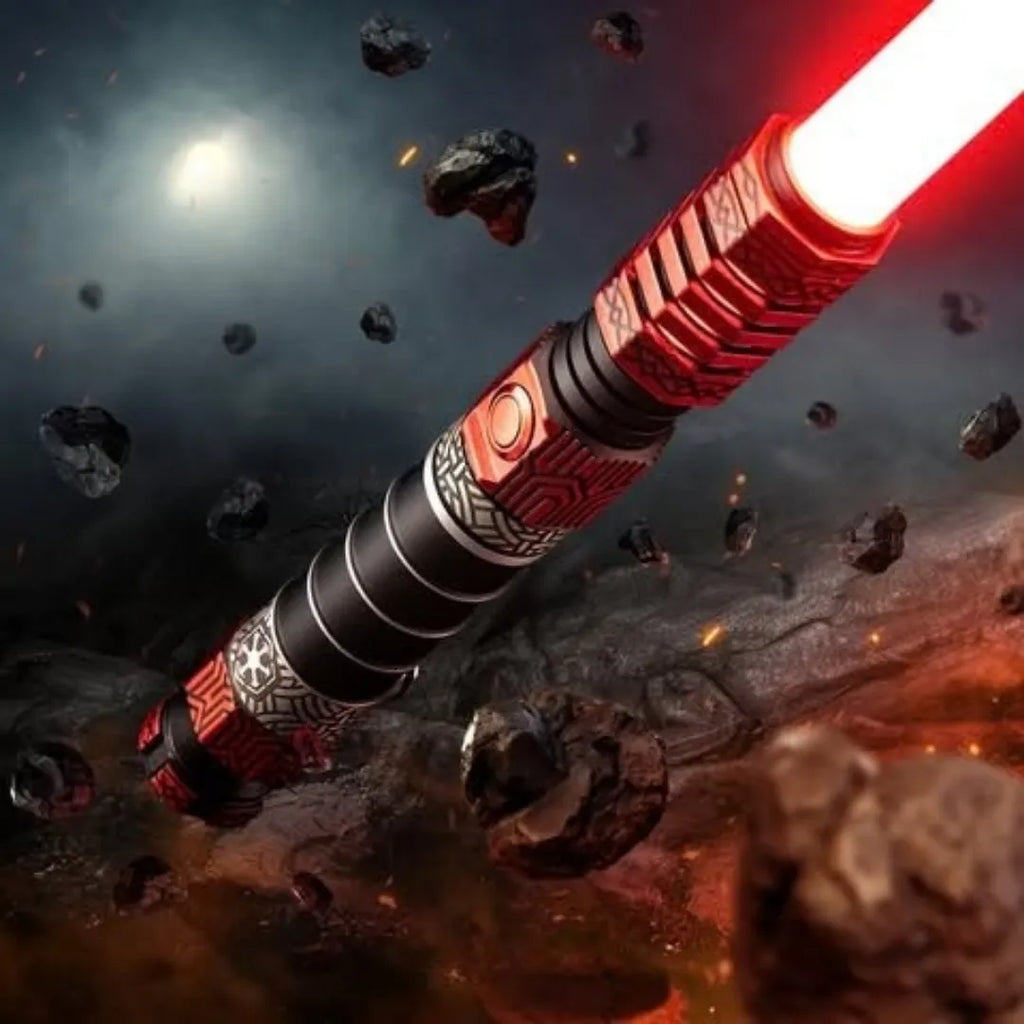 Star Wars-inspired custom neopixel lightsaber floating amidst dark rocks. The hilt features vermillion accents, Sith etching, and a red blade