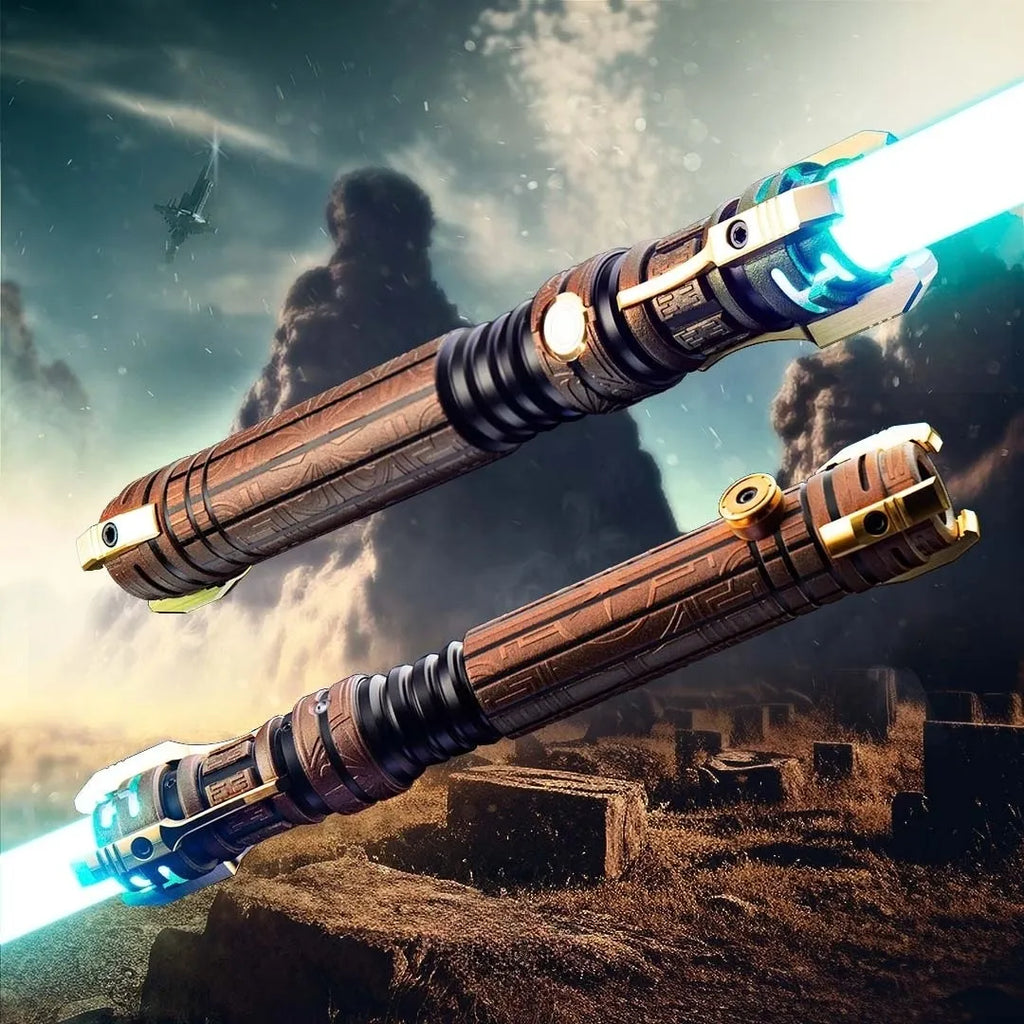 Old Republic custom neopixel blue lightsaber inspired by the opulent architecture and High Republic era. Features a rich bronze finish and brass claws