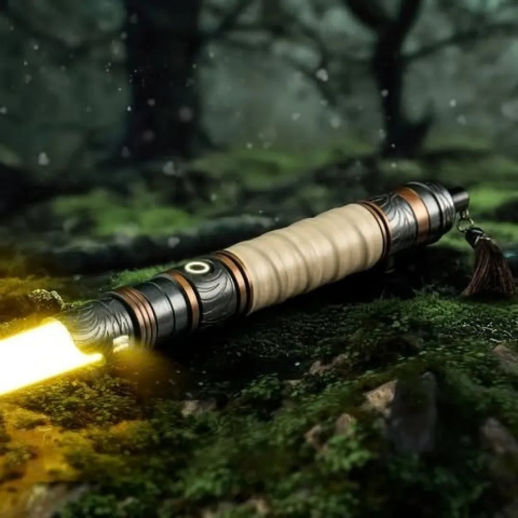 Rahm Kota-inspired custom neopixel lightsaber inspired by the Way of the Warrior. Features ivory leather wrap, lotus etching, and yellow blade