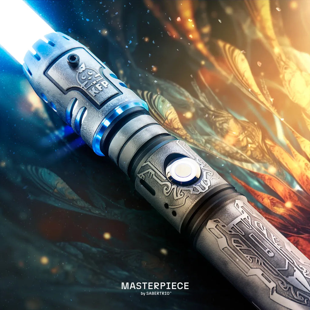 Pod racer engine custom neopixel blue lightsaber for VTuber Takanashi Kiara. Features weathered finish, KFP logo, and phoenix feather motifs