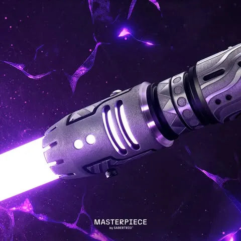 Pod racer engine-inspired custom neopixel lightsaber features bold, high-contrast geometric etching and a purple blade