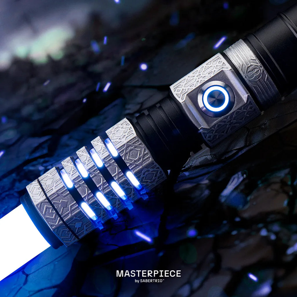 Star Wars custom neopixel blue lightsaber inspired by the dwarven patterns of Erebor from The Lord of the Rings. Featuring geometric acid etchings