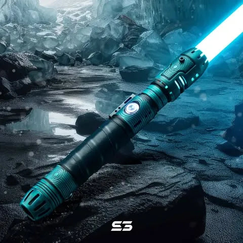 Pod racer engine custom neopixel cyan lightsaber inspired by ancient culture of planet Zeffo with blue coat, dark leather wrap, Zeffo wind etchings