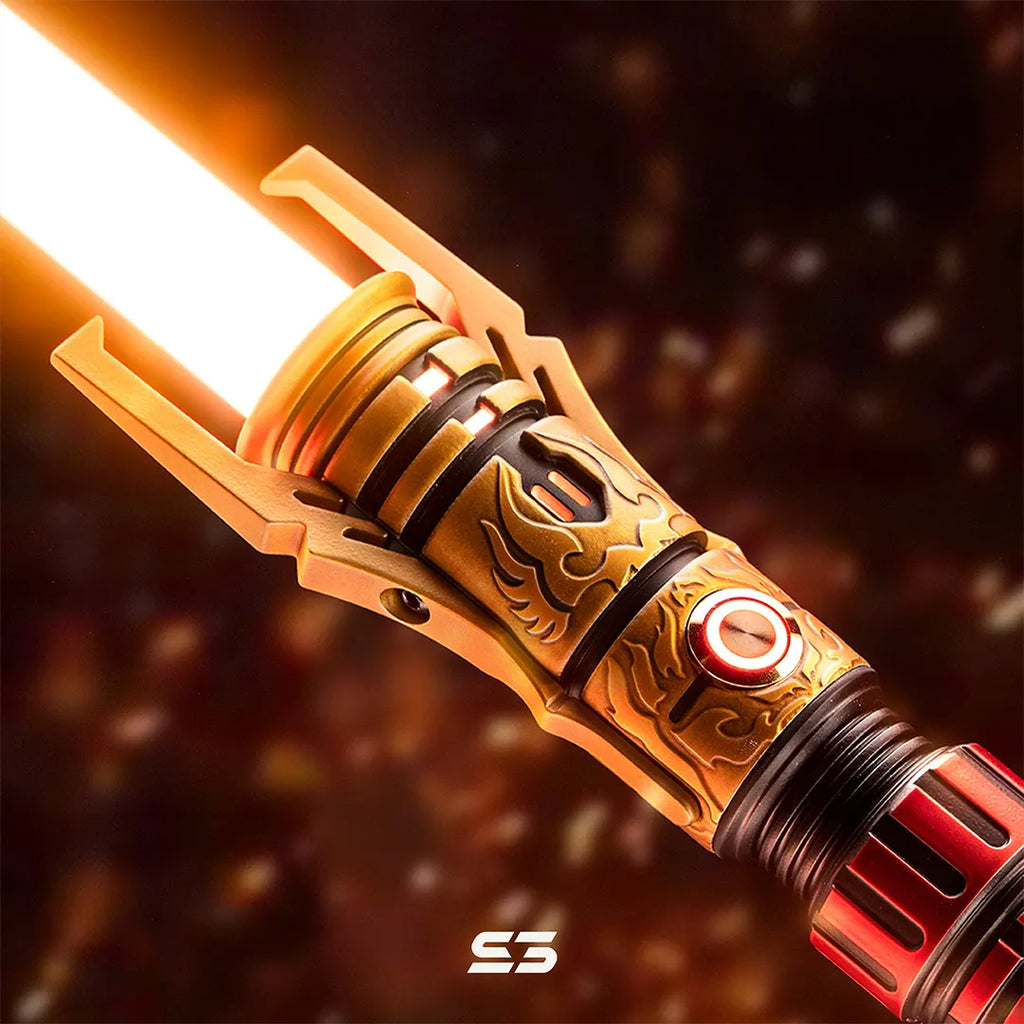 Taron Malicos custom neopixel orange lightsaber inspired by the Phoenix King and the Fire Nation with flame pattern and crimson and orange coat