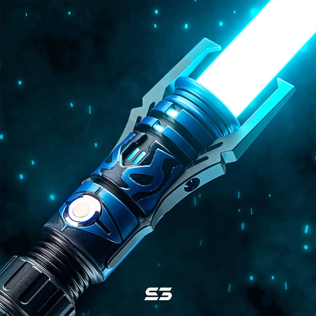 Taron Malicos custom neopixel blue lightsaber inspired by the Blue Beetle and insectoid heroes with blue finish and acid-etch scarab carapace motifs