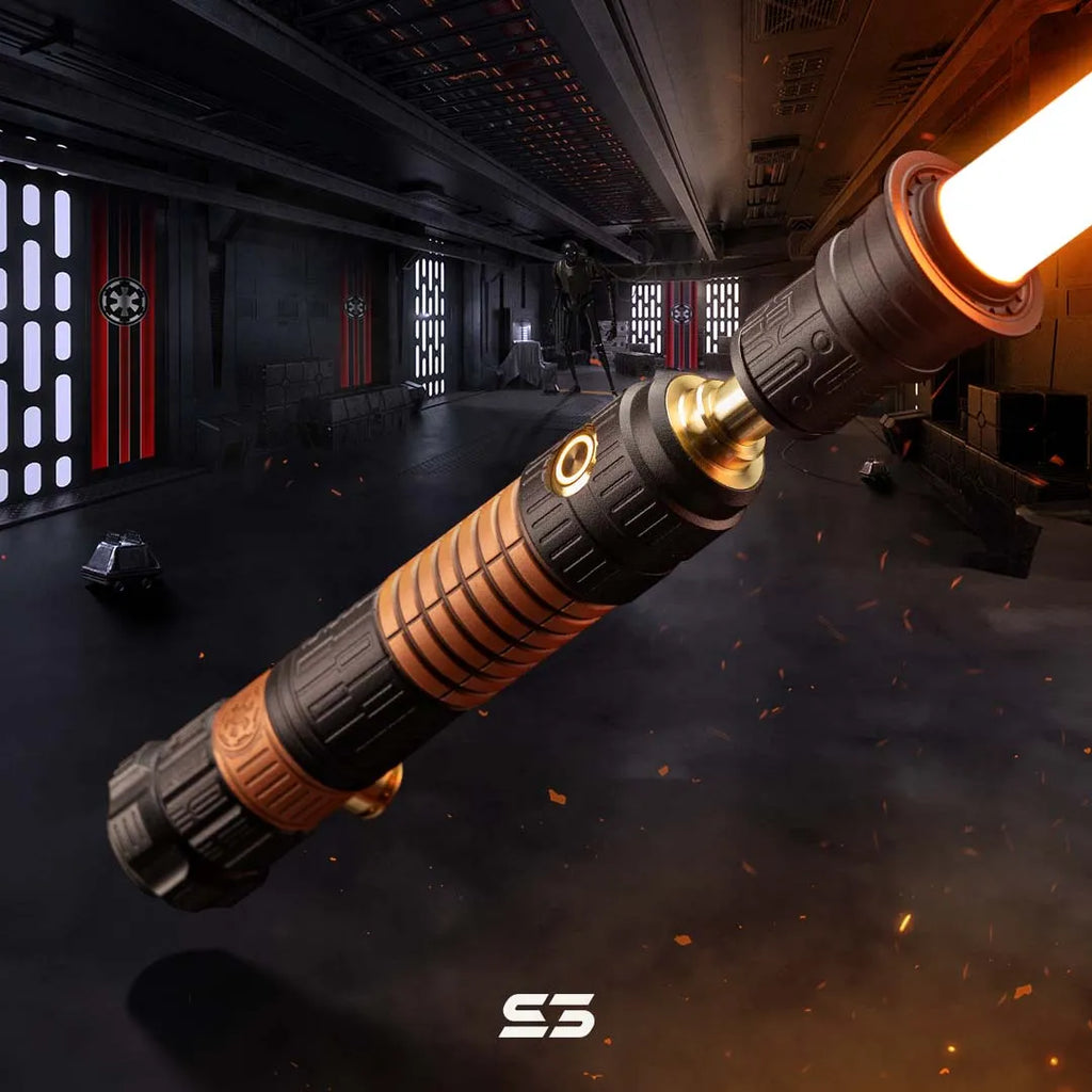 Luke Skywalker custom neopixel orange lightsaber inspired by KX-series and Arakyd Industries with black finish, copper accents and circuitry etching