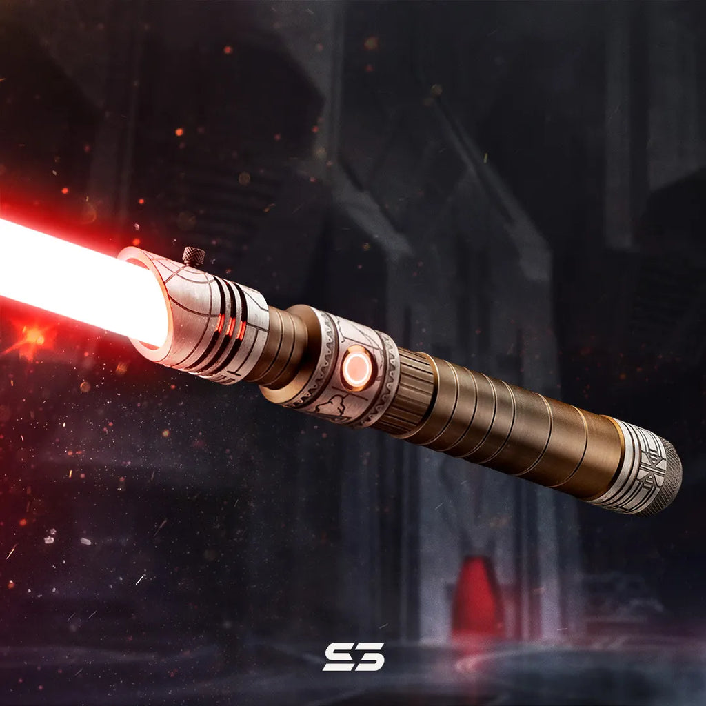Darth Vader inspired custom neopixel lightsaber features Fortress Vader and the plains of Gahenn with ancient symbols and red blade