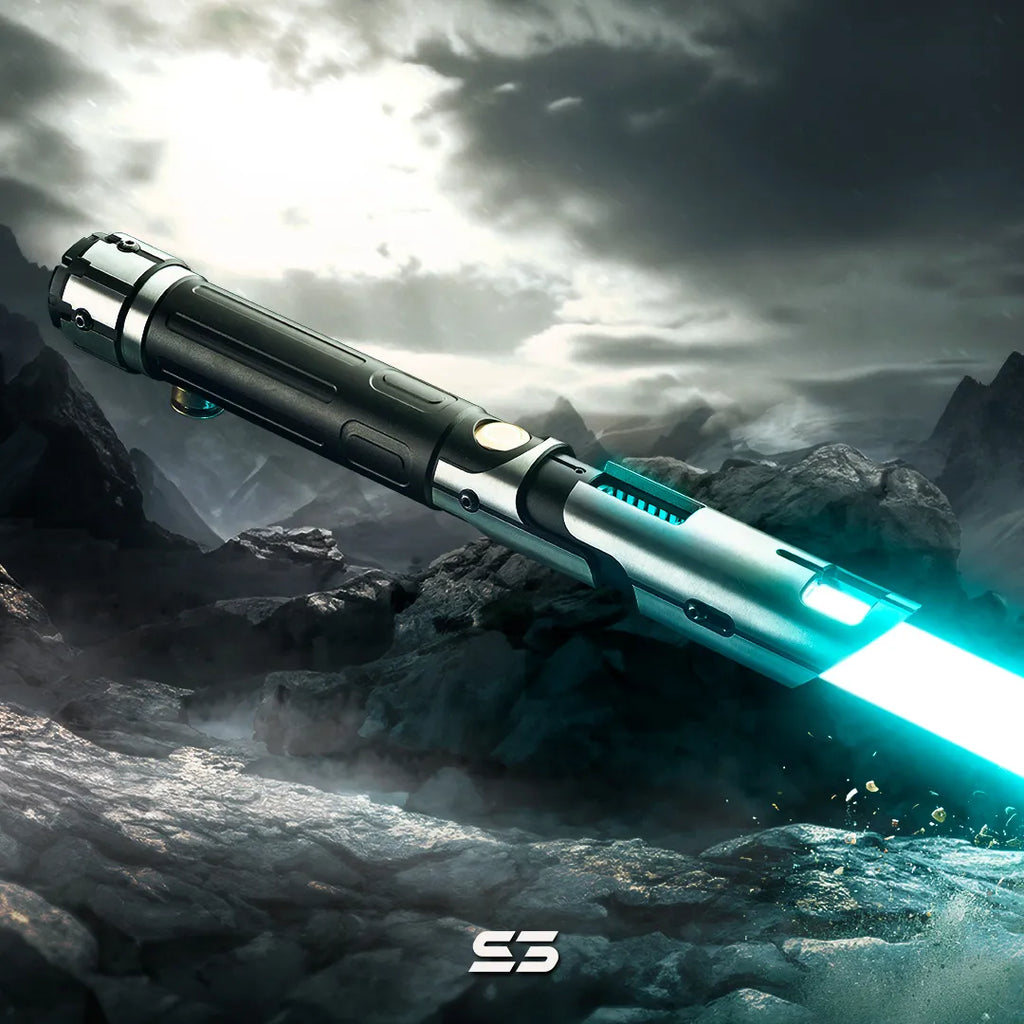 Exposed Kyber crystal custom neopixel lightsaber features silver finish, sliding emitter, and visible brass crystal chamber with cyan blade