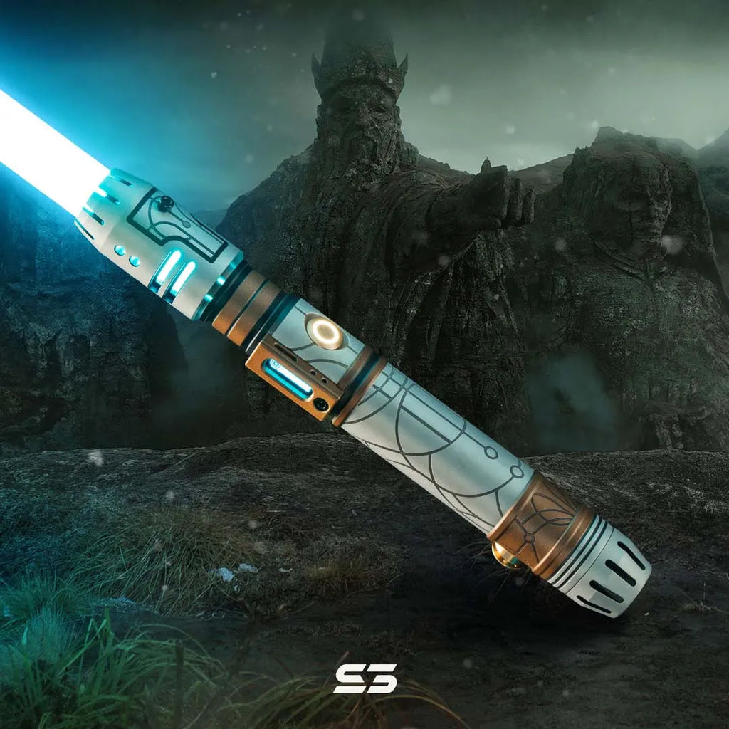 Pod racer engine-inspired custom neopixel cyan lightsaber features ancient star maps to Peridea with bronze accents and acid-etched astral cartography