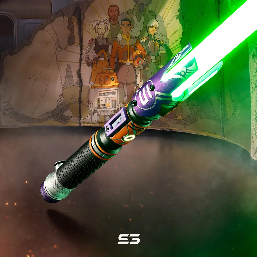 Cal Kestis-inspired custom neopixel green lightsaber features the Ghost Crew with bold orange and purple coat and acid-etched graffiti motifs