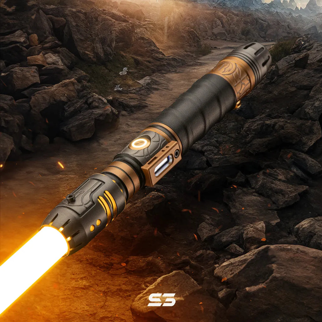 Pod racer engine-inspired custom neopixel golden lightsaber features mystery of Peridea and the Phantom Luminaria with Nappa leather wrap