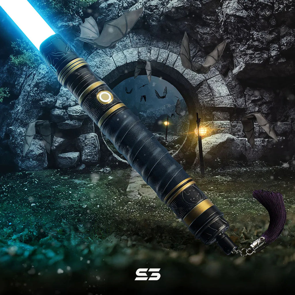 Rahm Kota-inspired custom neopixel blue lightsaber features Batman Ninja and the Dark Knight with black coat, amber accents and Nappa leather wrap