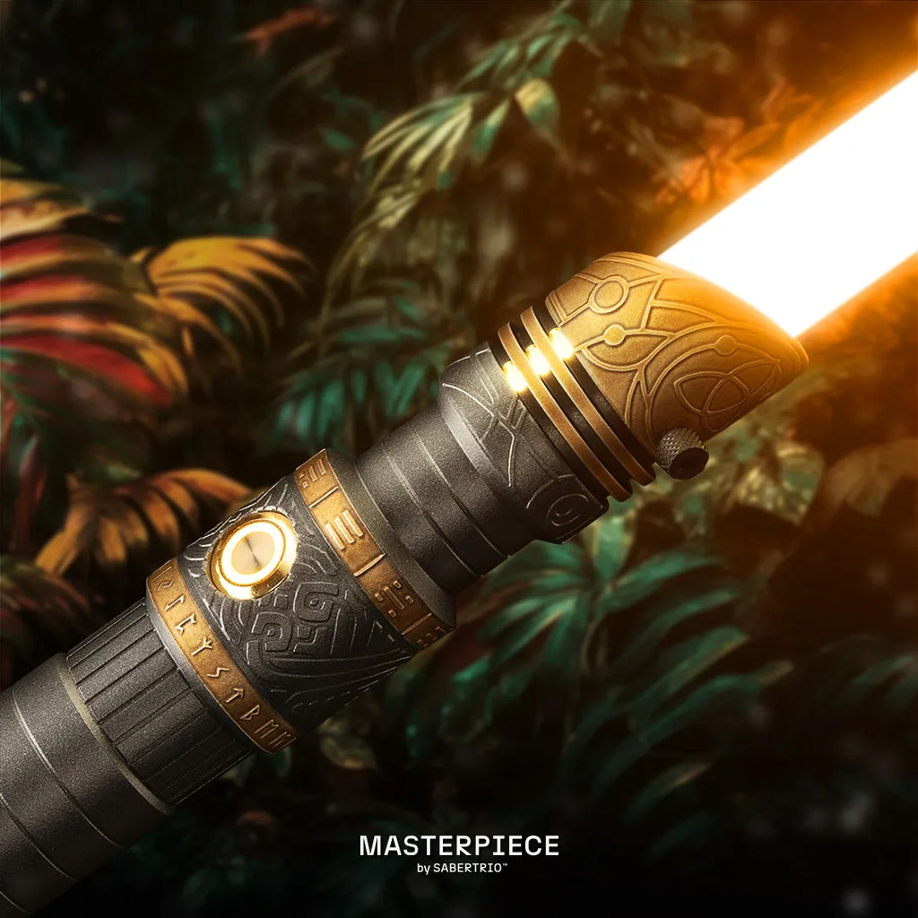 Darth Vader-inspired custom neopixel lightsaber features Celtic, Asian, and Nordic cultures with dark finish, copper accents and acid-etched triquetra