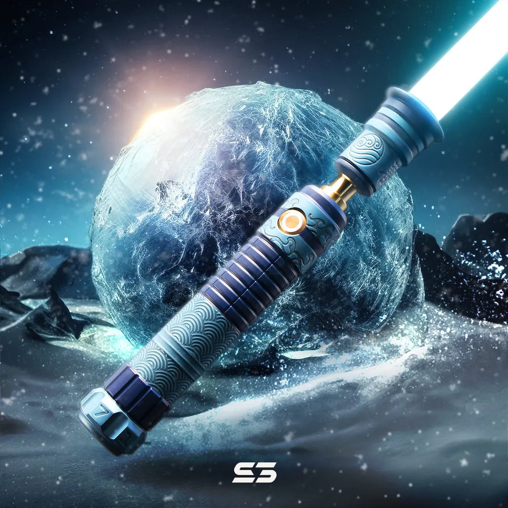 Luke Skywalker-inspired custom neopixel lightsaber features the Water Tribe and Avatar: The Last Airbender with cyan coat and dark blue accent