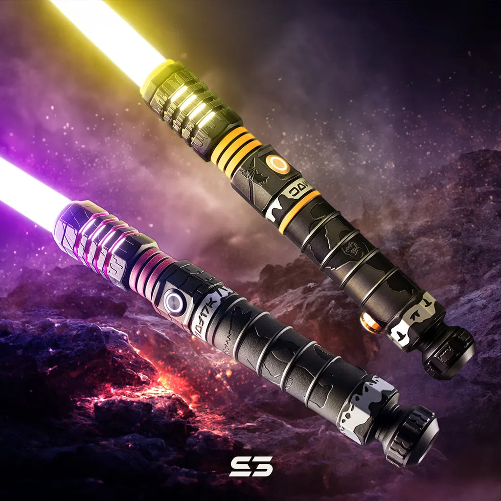 Star Wars-inspired custom neopixel lightsabers features Godzilla and Kong with dark coat, pink-yellow accent and acid-etched reptilian scales