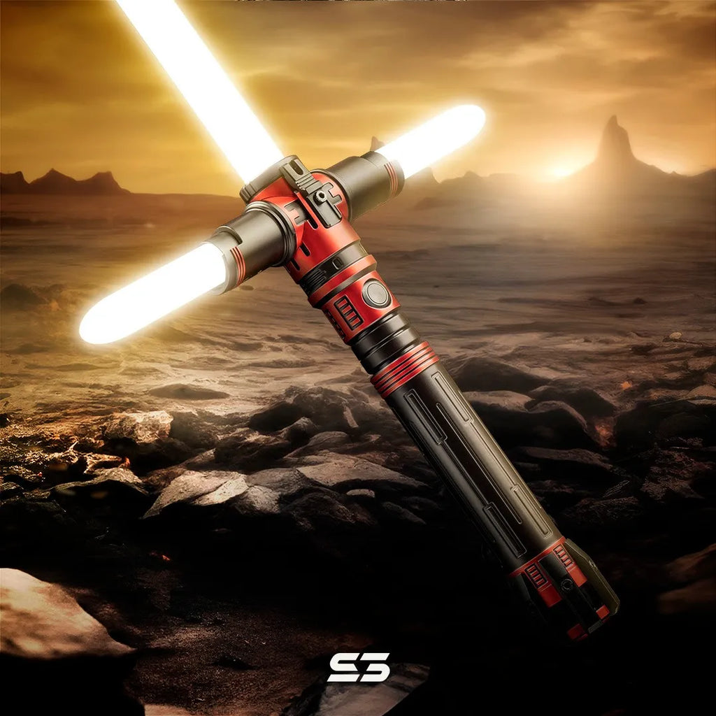 Kylo Ren-inspired custom neopixel lightsaber featuring Crimson Satin Dolovite finish with distinct quillon side emitters, and yellow blades