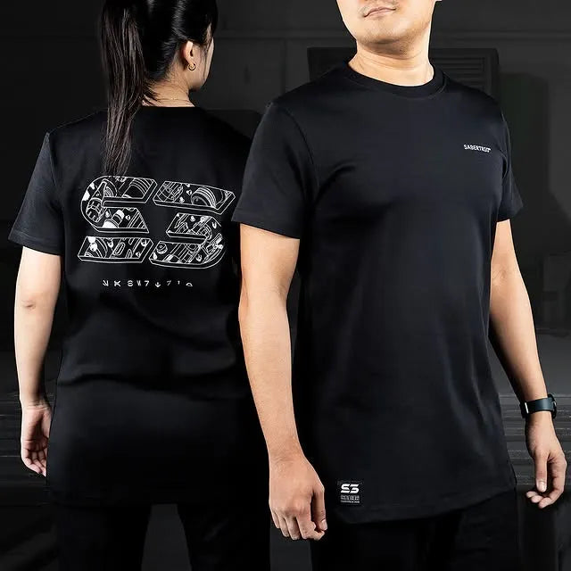 Official Sabertrio round neck t-shirt features black fabric with sabertrio font in white color, and sabertrio logo with saber hilt illustrations